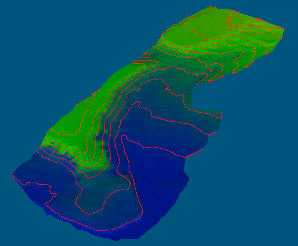 DEM generated from the ground points of dataset; 2-meter contour lines are fitted to DEM in this example.