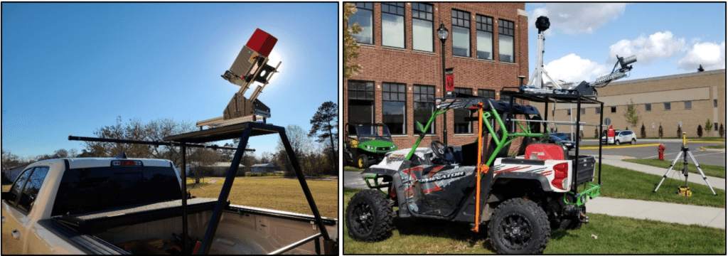 Figure 1. Survey-grade raster scanning LiDAR sensor, installed on a modified Geo-MMS ground-vehicle mounting assembly (left - Access Surveyors) and Geo-MMS 32-channnel tactical-range LiDAR with 360° spherical imaging camera integrated for off-road mapping (right – Precise Sensing).