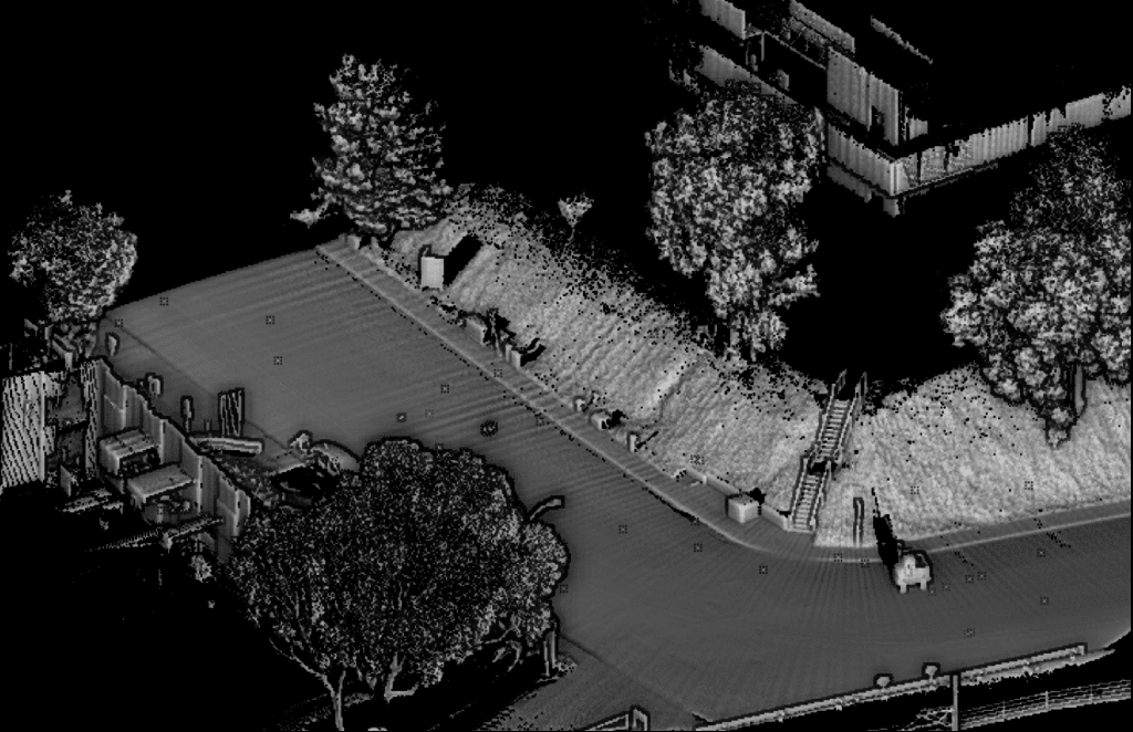 Figure 3. Raw LAS point cloud file captured from a car-mounted Geo-MMS LiDAR payload.
